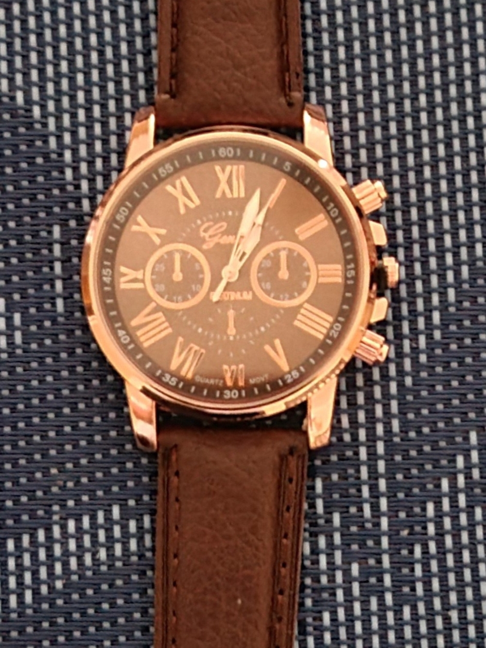 Rose Gold Case Brown Faux Leather Strap Watch